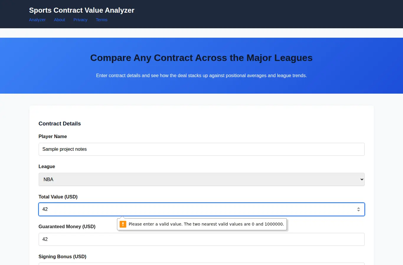 Screenshot of Sports Contract Value Analyzer interface showing the project page in use